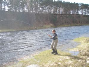 Anne Woodcock playing a salmon on the River Dee